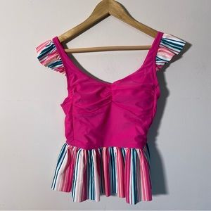 Matilda Jane Women’s Sunrise peplum swim top in pink and stripes  size S NEW